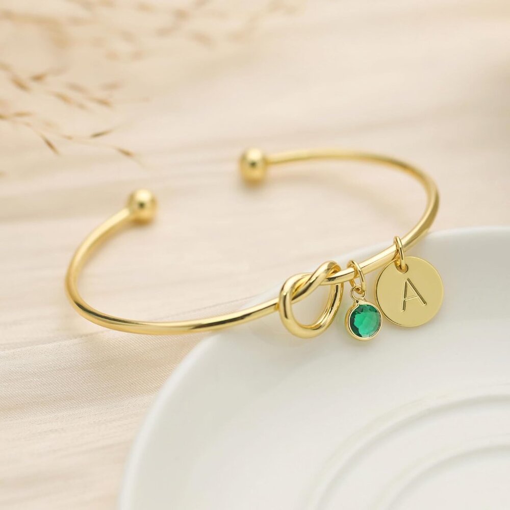 Personalized Initial Birthstone Cuff Bangle Brace… - image 6